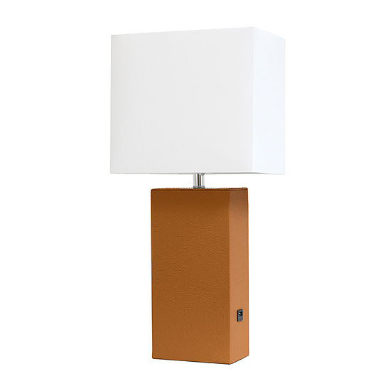 Usb Leather With White Shade Manufactured Wood Table Lamp