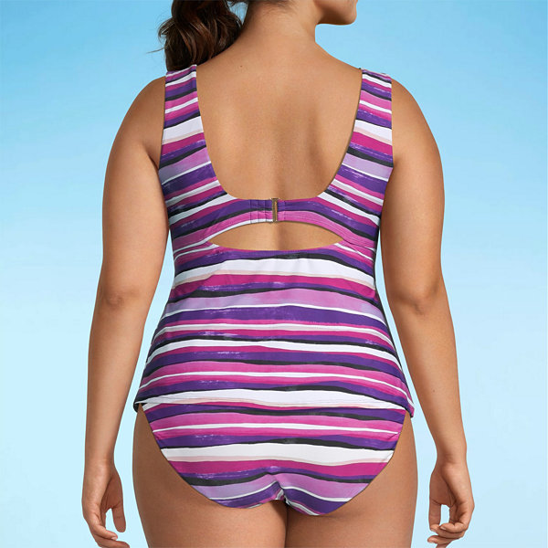 Mynah Lined Striped Tankini Swimsuit Top Plus