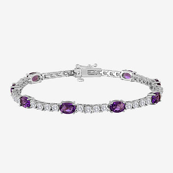 Purple White Alternating CZ Bar Tennis Bracelet For Women Simulated Amethyst Cubic Zirconia 925 Sterling Silver 7 In