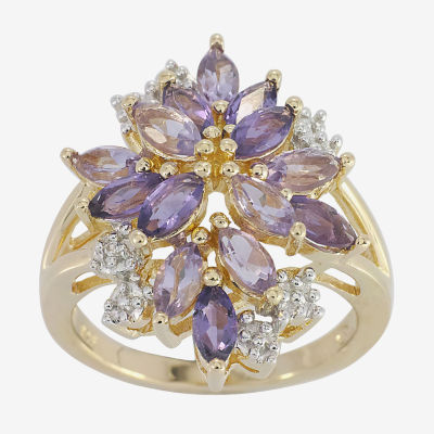 14K Gold over Silver Genuine Amethyst, Genuine Pink Quartz & Lab-Created White Sapphire Flower Ring
