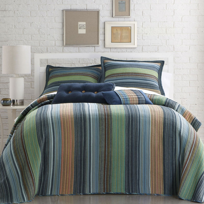 Retro Chic Cotton Striped Bedspread, Full, Blue