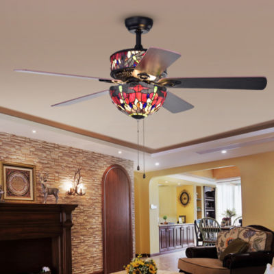 Jalev 6 Light Dragonfly Tiffany 5 Blade 52 Inch Matte Black Ceiling