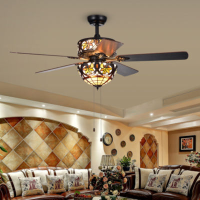 Jyrku 6 Light Yellow Flower Tiffany 5 Blade 52 Inch Matte Black