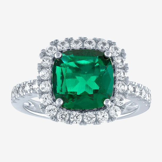Lab-Created Green Emerald & Lab-Created White Sapphire Sterling Silver Cocktail Ring
