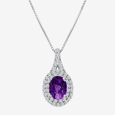 Genuine Amethyst and Lab-Created White Sapphire Sterling Silver Halo Pendant Necklace