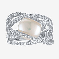 Womens 10MM White Cultured Freshwater Pearl Sterling Silver Cocktail Ring