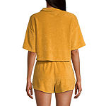 Flirtitude Juniors Towel Terry Womens Elbow Sleeve Boxy Fit Button-Down Shirt