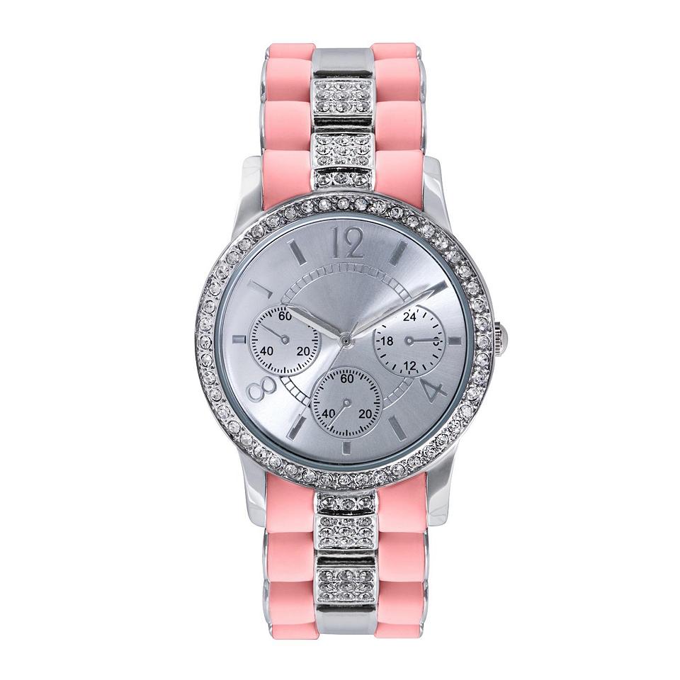 Womens Crystal Accent Alloy and Silicone Bracelet Watch, Pink