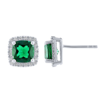 Cushion Lab-Created Emerald White Sapphire Sterling Silver Stud Earrings
