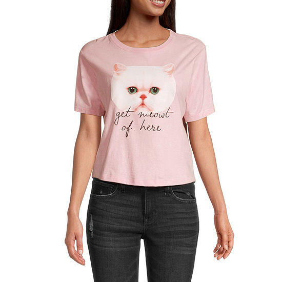 Get Meowt Of Here Juniors Womens Cropped Cat Graphic T-Shirt