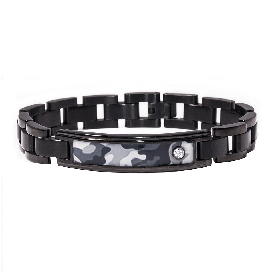 Mens Diamond Accent Stainless Steel Camouflage ID Bracelet, Black
