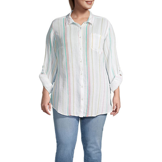 St. John's Bay Plus Womens Long Sleeve Button-Down Shirt