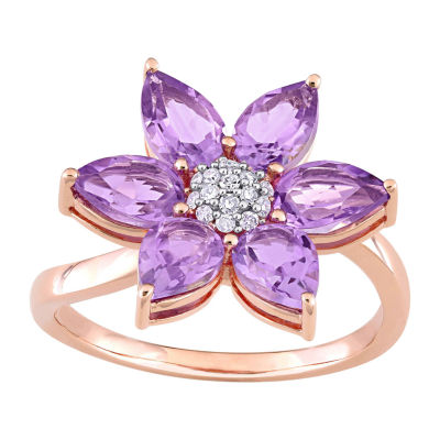 Womens Diamond Accent Genuine Purple Amethyst 10K Rose Gold Flower Cocktail Ring