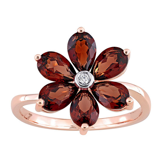 Womens Diamond Accent Genuine Red Garnet 10K Rose Gold Flower Cocktail Ring