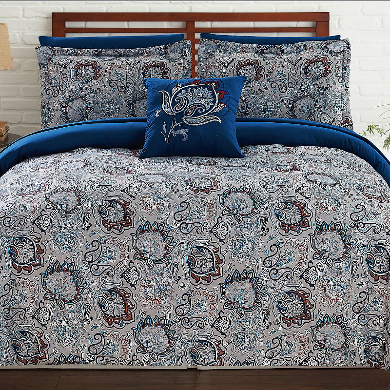 Pacific Coast Textiles 8-Pc. Damask + Scroll Reversible Complete Bedding Set With Sheets, Cal King, Blue