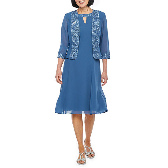 Maya Brooke 3/4 Sleeve Embroidered Jacket Dress, Color: Blue Tone ...