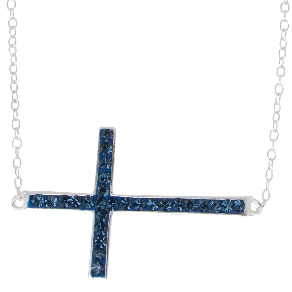 Sterling Silver Blue Crystal Sideways Cross Bracelet, Womens