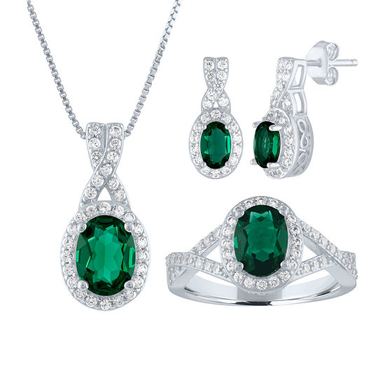 Lab Created Green Emerald Sterling Silver Jewelry Set