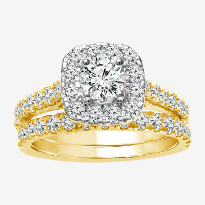 Womens 2 CT. T.W. Genuine White Diamond 10K Gold Halo Bridal Set