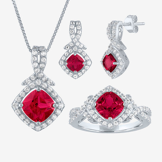 Lab Created Red Ruby Sterling Silver Jewelry Set