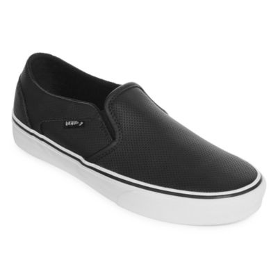 vans asher black leather slip ons