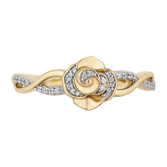 Enchanted Disney Fine Jewelry Womens Diamond Accent Genuine White Diamond 10K Gold Flower Belle Princess Cocktail Ring