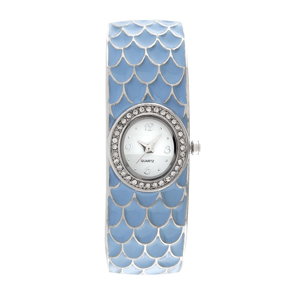 Womens Feather Patterned Closed Bangle Bracelet Watch, Blue