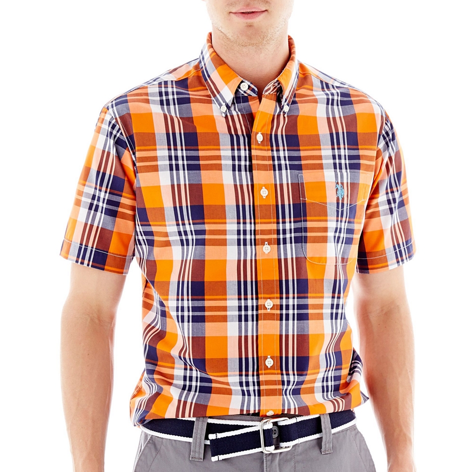 U.S. Polo Assn. Plaid Button Front Shirt, Orange, Mens