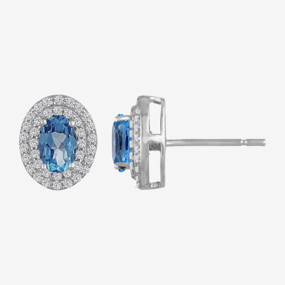 Genuine Blue Topaz & Lab-Created White Sapphire Double Halo Sterling Silver Stud Earrings