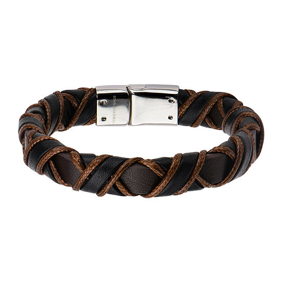 Inox® Jewelry Mens Stainless Steel Black & Brown Woven Leather Bracelet ...
