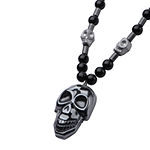Inox® Jewelry Mens Hematite Skull With Black Agate Stainless Steel Bead Pendant