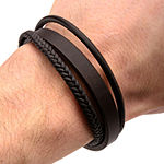 Inox® Jewelry Mens Stainless Steel & Brown Leather Layered Bracelet