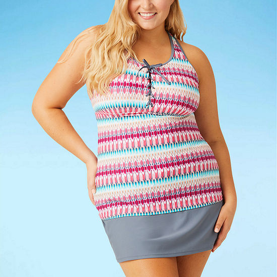 Free Country Stretch Geo Linear Tankini Swimsuit Top Plus