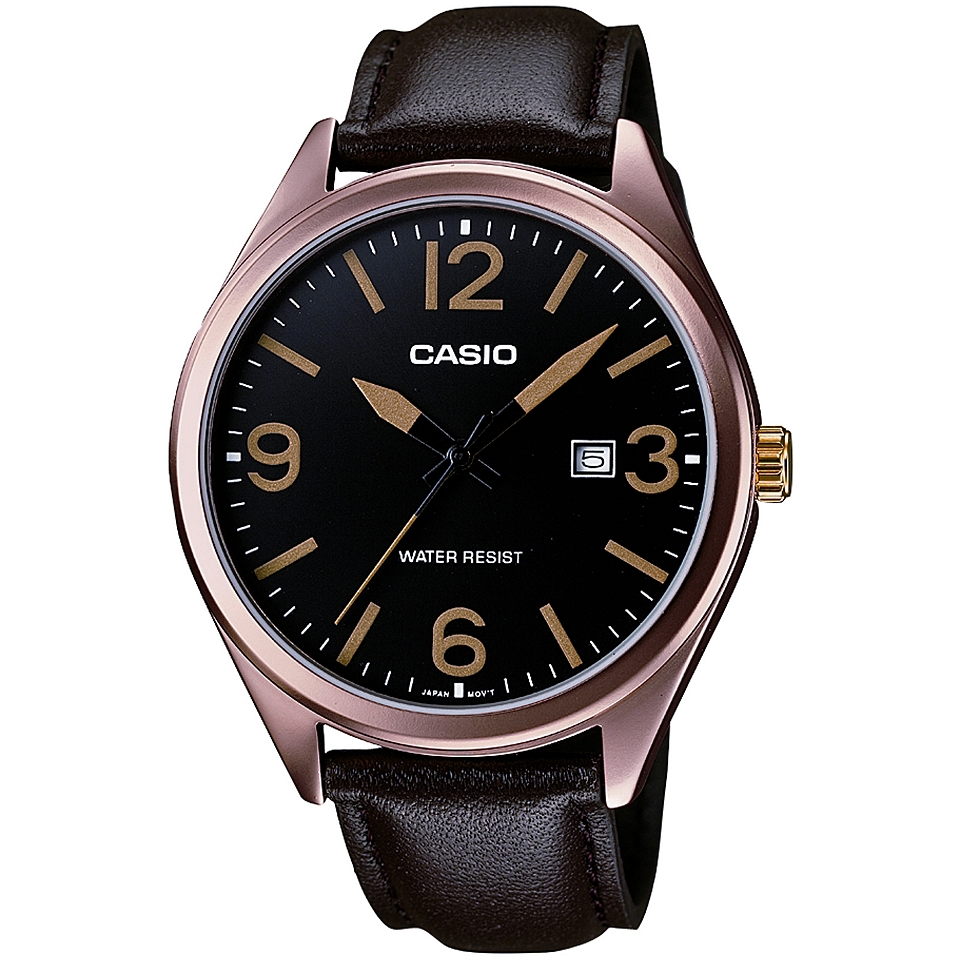 Casio Mens Black Dial Brown Leather Strap Watch