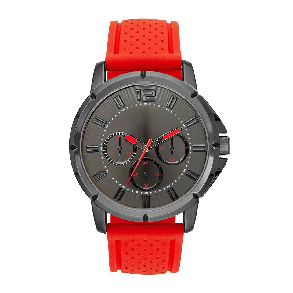 Mens Rubber Strap Faux Subdial Watch, Red/Black