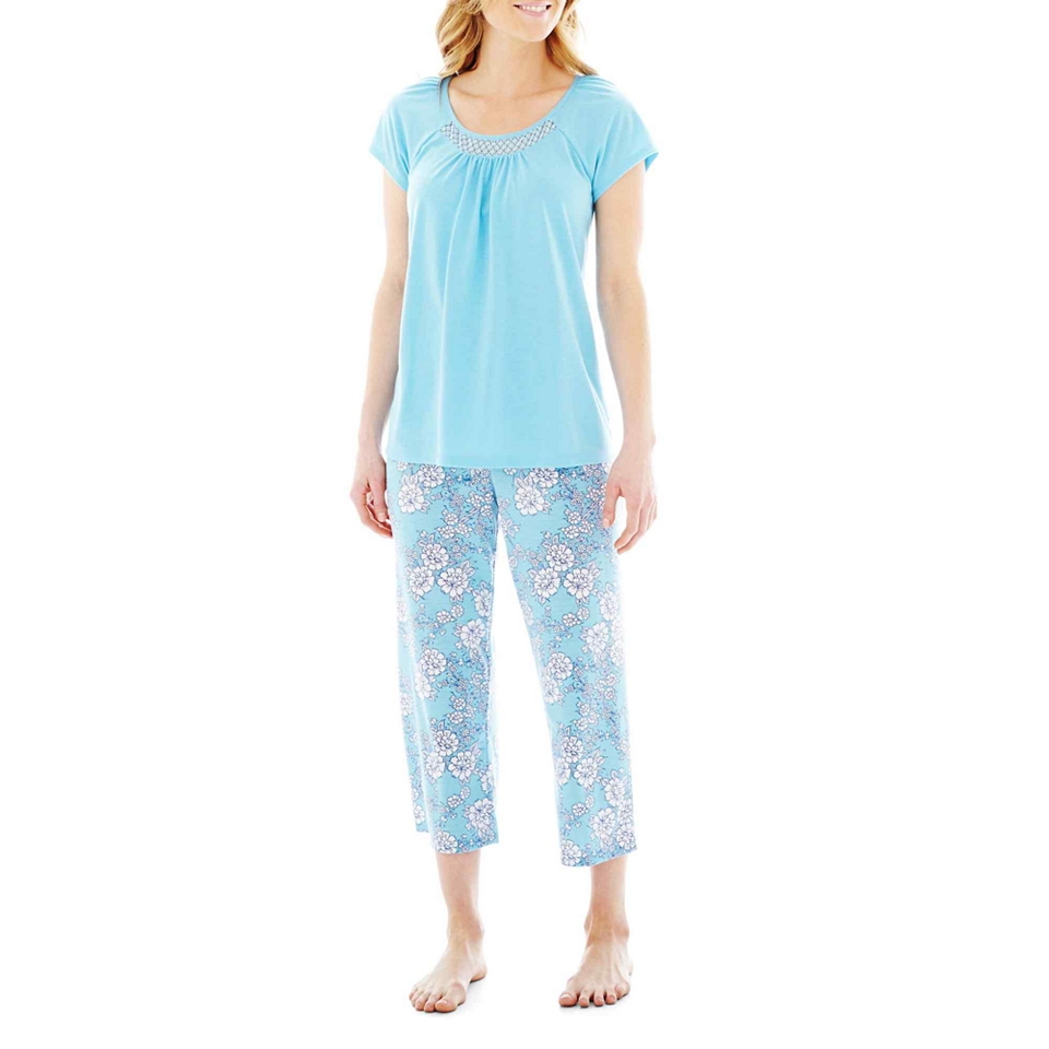 Earth Angels Short Sleeve Shirt and Capris Pajama Set, Blue/White, Womens