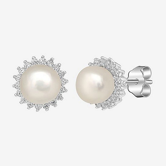 Silver Treasures Cubic Zirconia Simulated Pearl Sterling Silver 8.2mm Round Stud Earrings