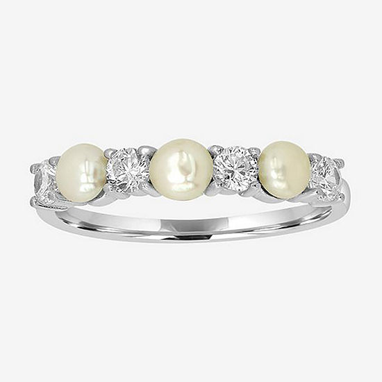 Silver Treasures Cubic Zirconia Simulated Pearl Sterling Silver Band