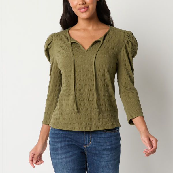 Ashley Graham Womens Split Tie Neck 3/4 Sleeve Blouse