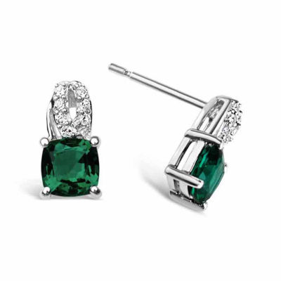 Lab-Created Emerald & Lab-Created White Sapphire Sterling Silver Drop Earrings