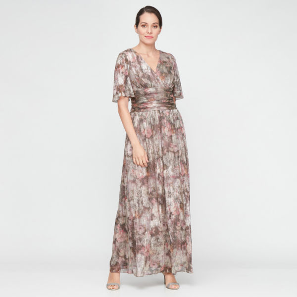 S. L. Fashions Womens V Neck Short Sleeve Bell Floral Evening Gown