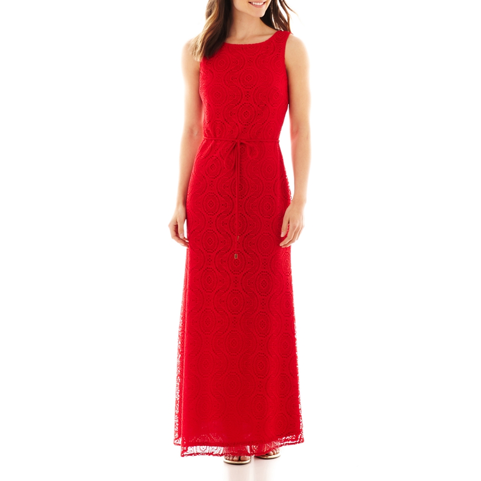Studio 1 Sleeveless Lace Belted Maxi Dress, Red