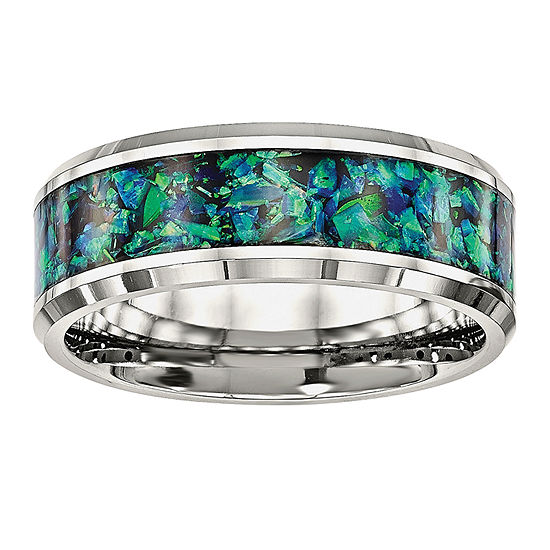 Mens Simulated Blue Opal Stainless Steel Wedding Band