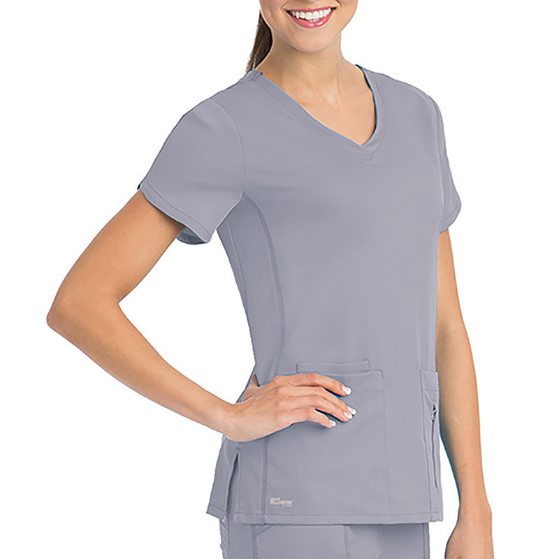 Barco Grey'S Anatomy 41423 4-Pkt Crossover V-Neck W-Side Pannels Scrub Top, Girls, Size Xx-Small, Silver