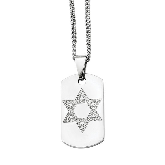 Mens Cubic Zirconia Stainless Steel Star Of David Dog Tag Pendant