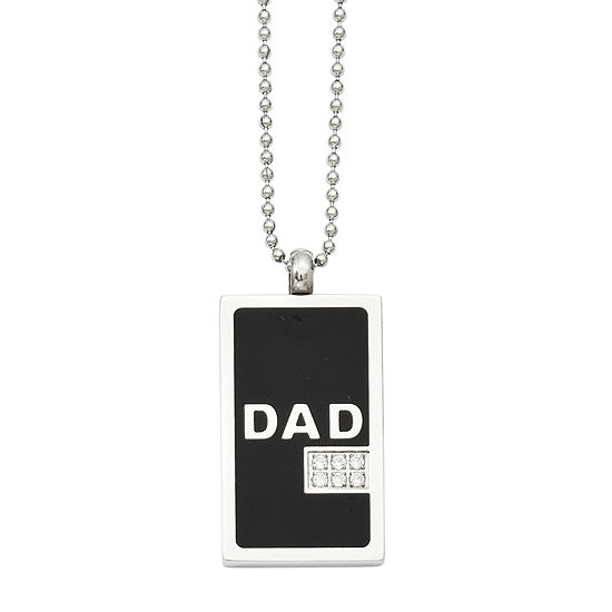 "Dad" Mens White Cubic Zirconia Stainless Steel Dog Tag Pendant Necklace