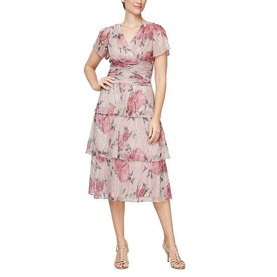S. L. Fashions Short Sleeve Floral Midi Fit + Flare Dress