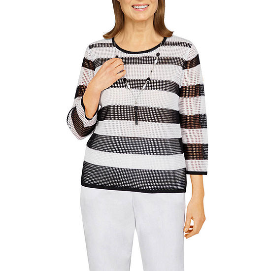 Alfred Dunner Plus Portofino Womens Crew Neck Long Sleeve Striped Pullover Sweater