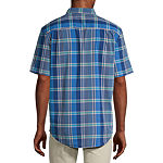 St. John's Bay Poplin Dexterity Mens Adaptive Classic Fit Short Sleeve Plaid Button-Down Shirt