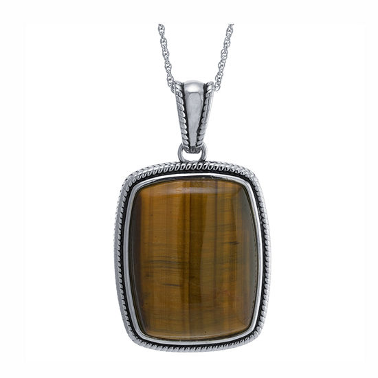 Womens Genuine Brown Tiger's Eye Sterling Silver Rectangular Pendant Necklace